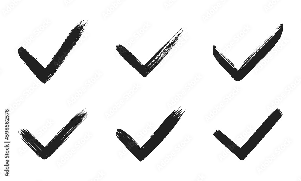 Dirty grunge hand drawn tick v with brush strokes vector illustration set isolated on white background mark graphic design. Check mark symbol YES button for vote in check box, web, etc. - obrazy, fototapety, plakaty 