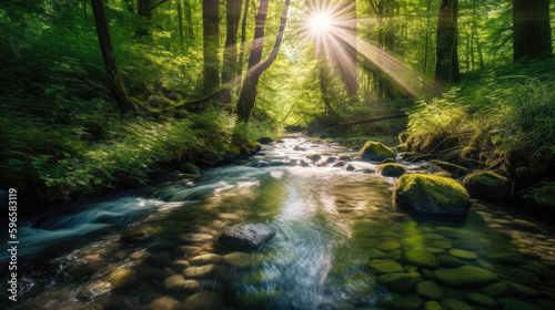 A crystal-clear stream meandering through a lush forest  with sunbeams filtering through the trees and casting dappled shadows on the sparkling water. Generative AI