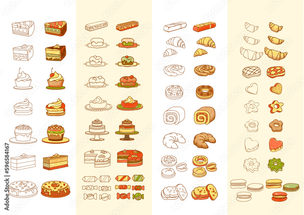 Sweets and bakery. Desserts, and confectionery. Hand-drawn vector illustrations.