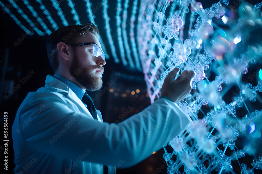 Genetic engineering. Scientist with glasses against the background of DNA chains. Genetics science. Human genome study. Medicine biotechnology. Generative AI. Genetic engineering. Scientist with glasses against the background of DNA chains. Genetics science. Human genome study. Medicine biotechnology. Generative AI.