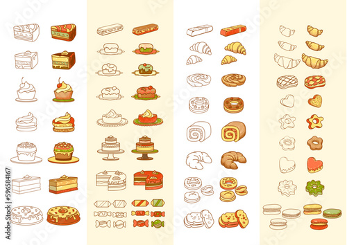 Sweets and bakery. Desserts  and confectionery. Hand-drawn vector illustrations.