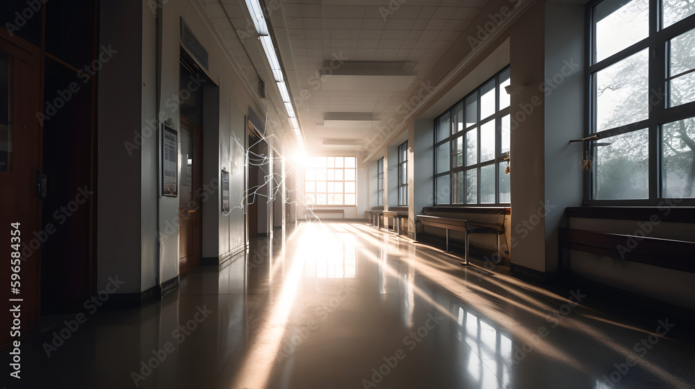 A hallway in a university building with a large window at two Generative AI