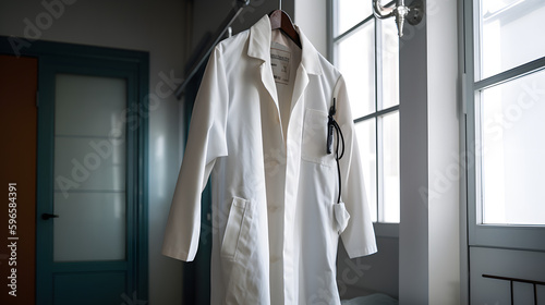 A lab coat hanging on a hook in a science lab Generative AI photo