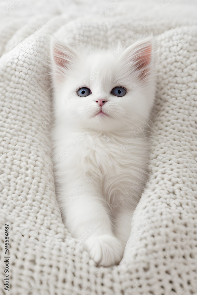 ai-generate illustration of a cute kitten laying on a white soft blanket