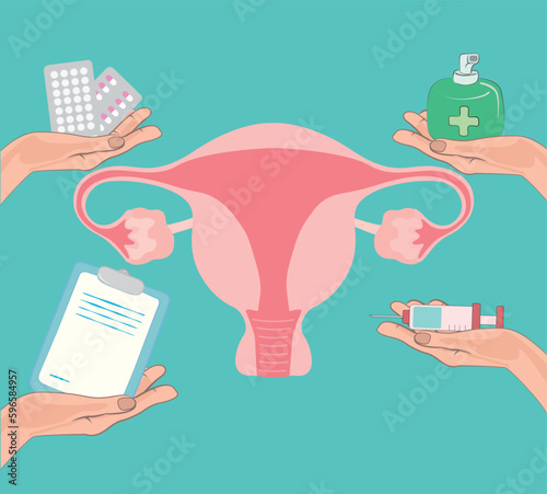 Uterus diagnosis treatment hygiene on green background vector illustration