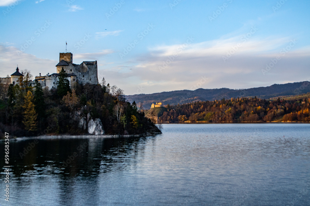 Czorsztyn Castle, Pieniny Mountains, autumn, lake, Niedzica castle in the distance, two castles