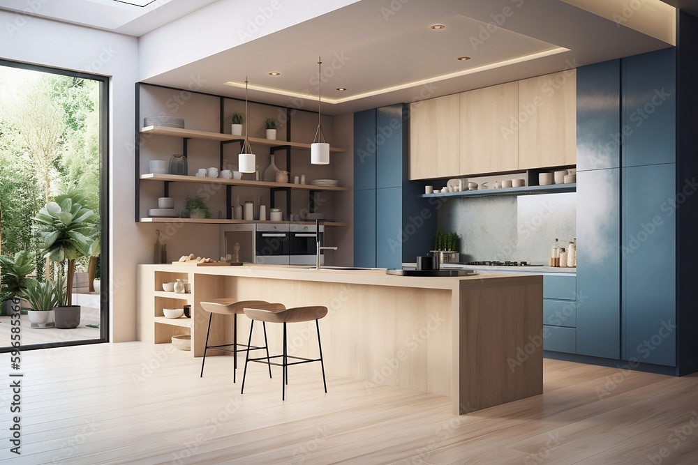 Bright kitchen interior with dining table, bar island and chairs. Deck with dishes, shelves and a stove on a light concrete floor. Blue kitchen with wood. Eco style Generative AI