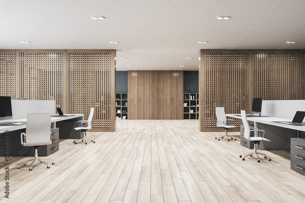 New office interior with furniture, equipment and wooden partitions. 3D Rendering. - obrazy, fototapety, plakaty 