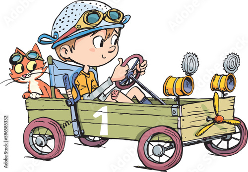 boy in a wooden cart and a cat imagines that he is in a racing car