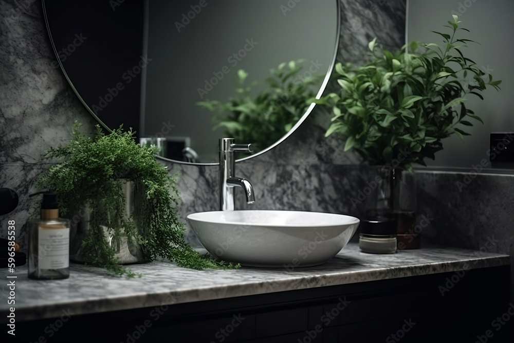 Interior of bathroom with natural jungle of plants. Bathroom with ceramic washbasin, faucet and green plant and leaves. Greenery at design home. Close up Generative AI