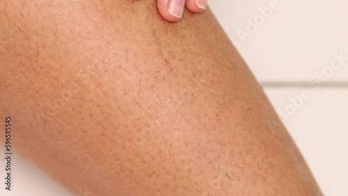 Female hand stroking hairy legs against hair growth closeup. Body skin covered with hair, unshaven legs. Skincare, epilation, beauty treatment. Self acceptance and body positive concept.