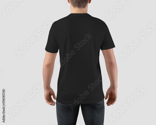 Black t-shirt mockup on guy, back view, stylish textured shirt isolated on background.