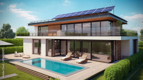 generative ai illustration of villa with photovoltaic panels, system solar © epiximages