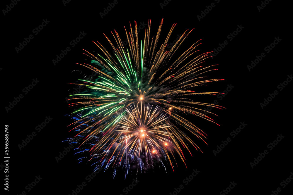 Image generated with AI. Fireworks on black background. Image generated with AI. Fireworks on black background.
