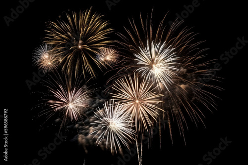 Image generated with AI. Fireworks on black background.