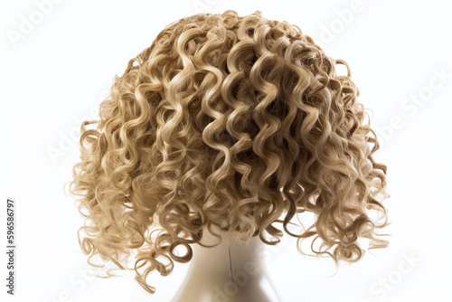 Perruque blonde frisée de femme sur fond blanc » IA générative