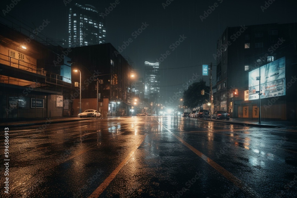 Nighttime urban road amid advanced cityscape. Generative AI