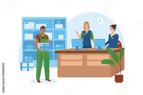 Post office blue concept with people scene in the flat cartoon design. Postal workers check the functionality of all systems before opening. Vector illustration.