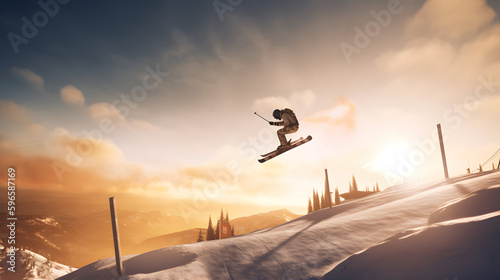 A skier jumping off a ramp and performing a mid-air trick one Generative AI