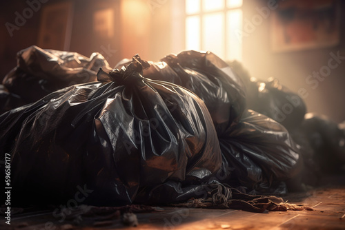 Des sacs poubelles de déchets dans un logement sale » IA générative photo