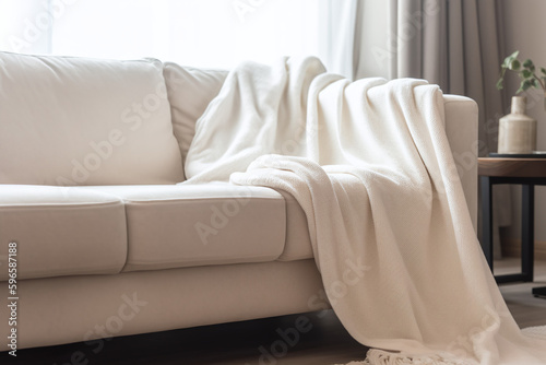 Couverture sur un canapé beige dans un salon » IA générative
