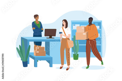 Blue concept Post office with people scene in the flat cartoon design. Young couple came to the post office to send parcels to their relatives. Vector illustration.