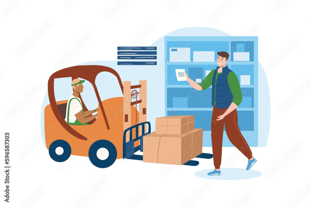Post office blue concept with people scene in the flat cartoon design. Manager checks the parcels brought by the courier to the warehouse. Vector illustration. Post office blue concept with people scene in the flat cartoon design. Manager checks the parcels brought by the courier to the warehouse. Vector illustration.