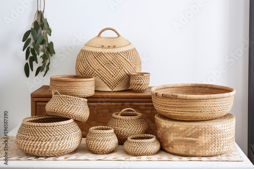 Gros plan sur des paniers en osier pour le rangement » IA générative