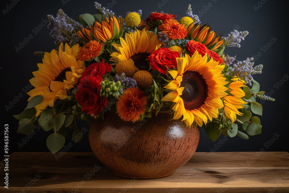 Bouquet de fleurs colorées sur une table en bois » IA générative