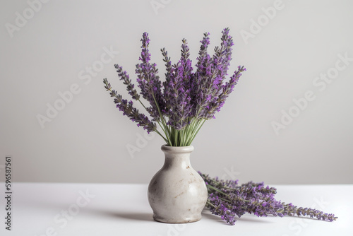 Fotografiet Un vase en céramique avec de la lavande » IA générative