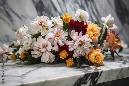 Couronne de fleurs colorée sur une dalle en marbre dans un cimetière » IA générative