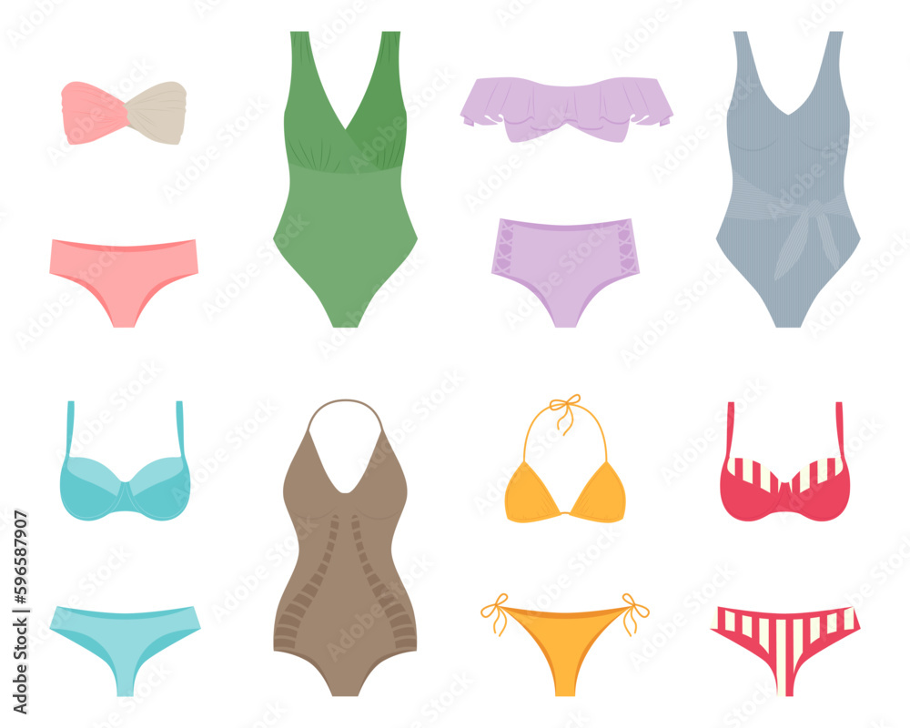 Women's swimsuits. Vector illustration of a set of beach, colorful swimwear on a white background. Women's swimsuits. Vector illustration of a set of beach, colorful swimwear on a white background.