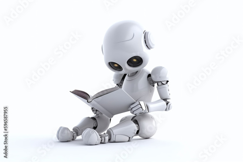 Robot  intelligence artificielle lisant un livre sur fond blanc    IA g  n  rative