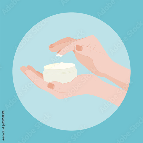 Two hands of a young woman spreading cream in a frame. Vector illustration on a colored background. Beauty and health concept.