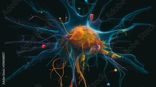 a magnified view of a neuron cell with different colored receptors and proteins,  Generative AI photo