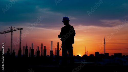 silhouette of construction worker at golden hour © AhmadSoleh