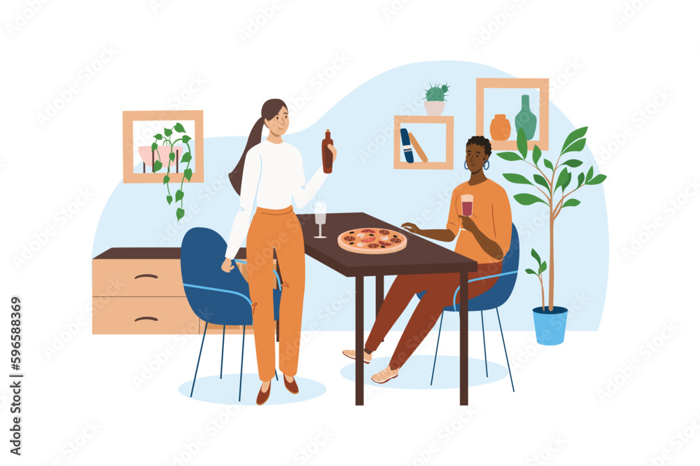 Interior blue concept with people scene in the flat cartoon style. Two friends decided to rest and arranged the dinner in a beautiful kitchen. Vector illustration.