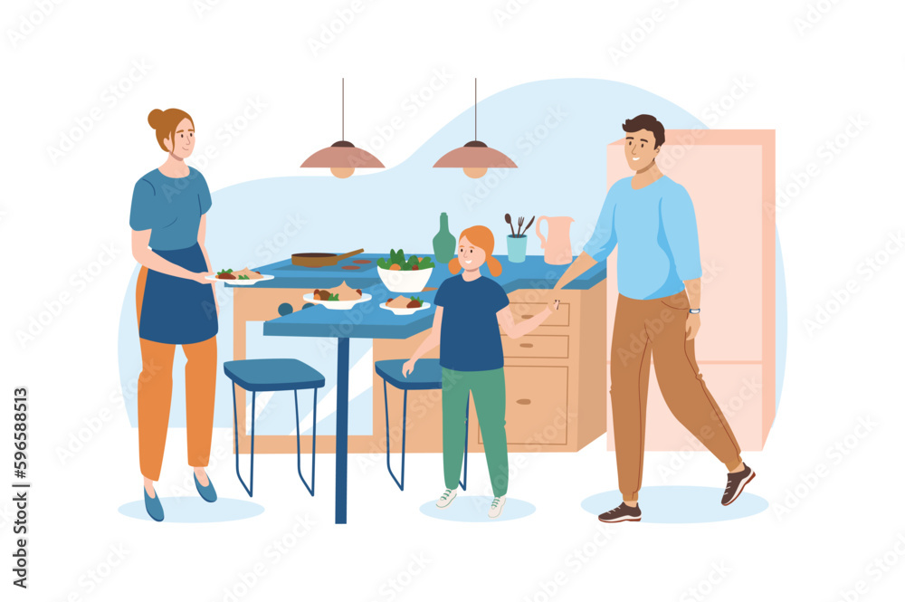 Interior blue concept with people scene in the flat cartoon design. Mother meets her family from a walk and wants to feed them a delicious lunch. Vector illustration.