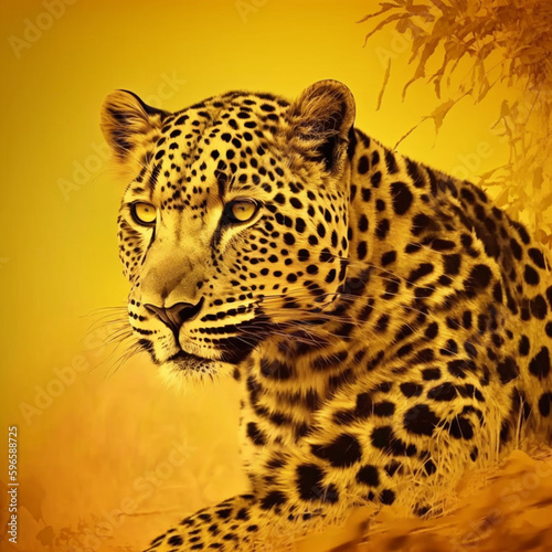 Leopard on yellow background. Generative AI.