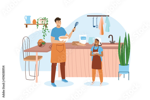Kitchen blue concept with people scene in the flat cartoon style. Dad teaches his son to cook different tasty dishes. Vector illustration.