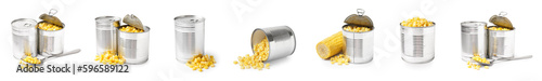 Set of canned corn on white background
