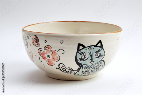 Gros plan d'un bol en porcelaine avec un chat sur fond gris » IA générative