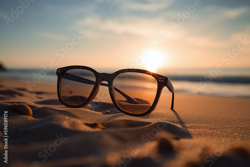 Lunettes de soleil sur le sable d'une plage au lever du soleil » IA générative