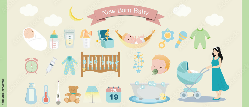 Infant newborn baby and stuffs illustration set with isolated background Infant newborn baby and stuffs illustration set with isolated background