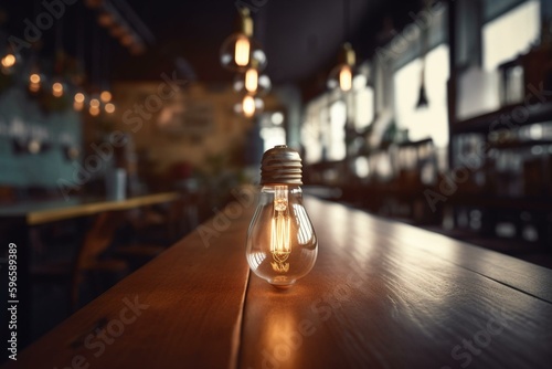 Blurry cafe counter with wooden table and lightbulb backdrop. Generative AI