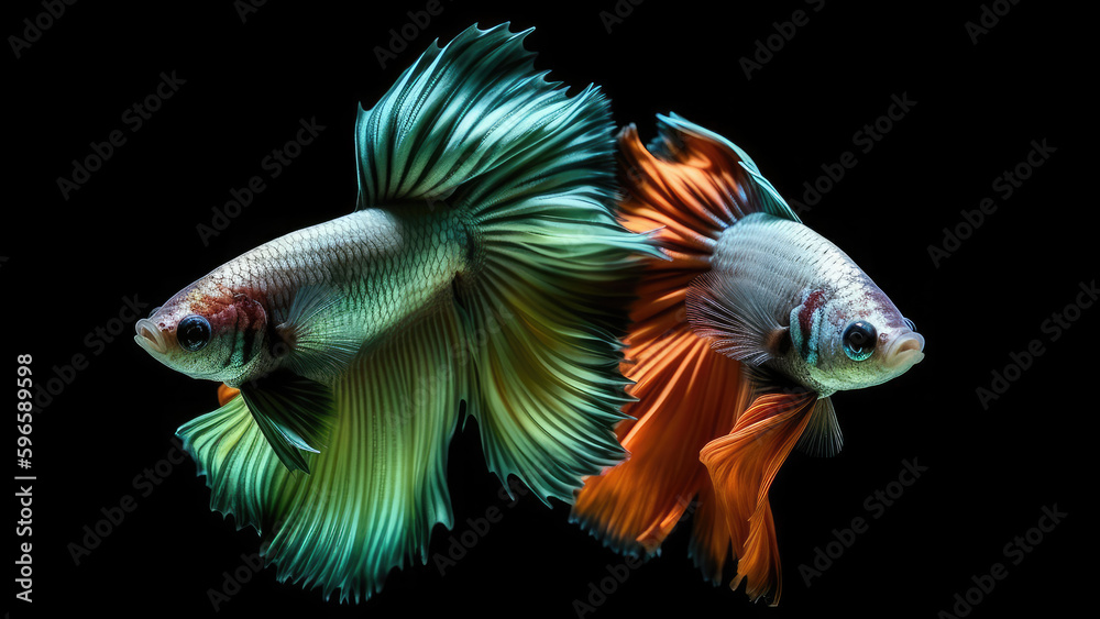Fototapeta premium 8k, realistic photo, high detailed, macro view, beautiful betta fish with pink white blue orange red gold green colours, underwater photography isolated on black background. Generative ai 