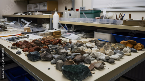 A university geology lab with rock samples and equipment one Generative AI