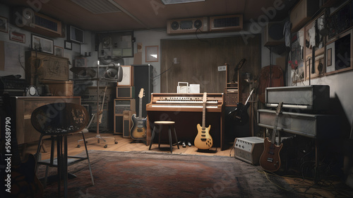 Fotografia, Obraz A university music studio filled with instruments and rec two Generative AI