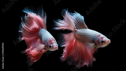 8k  realistic photo  high detailed  macro view  beautiful betta fish with pink white blue orange red gold green colours  underwater photography isolated on black background. Generative ai  