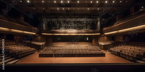 A view of a university auditorium with a stage and theate two Generative AI photo
